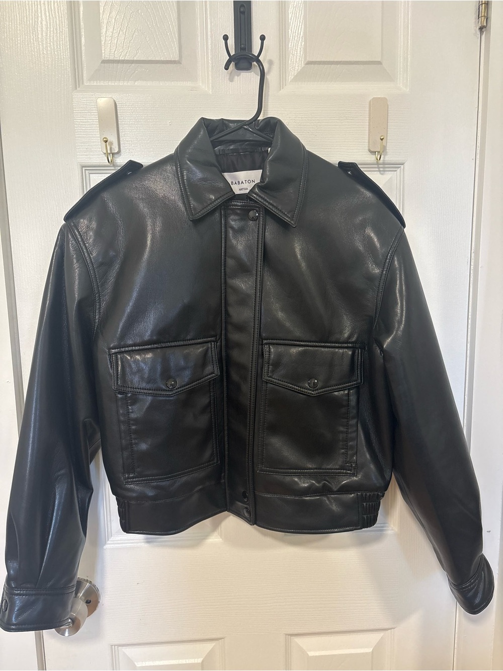 Babaton Black Faux Leather Bomber Jacket with Utility Pockets